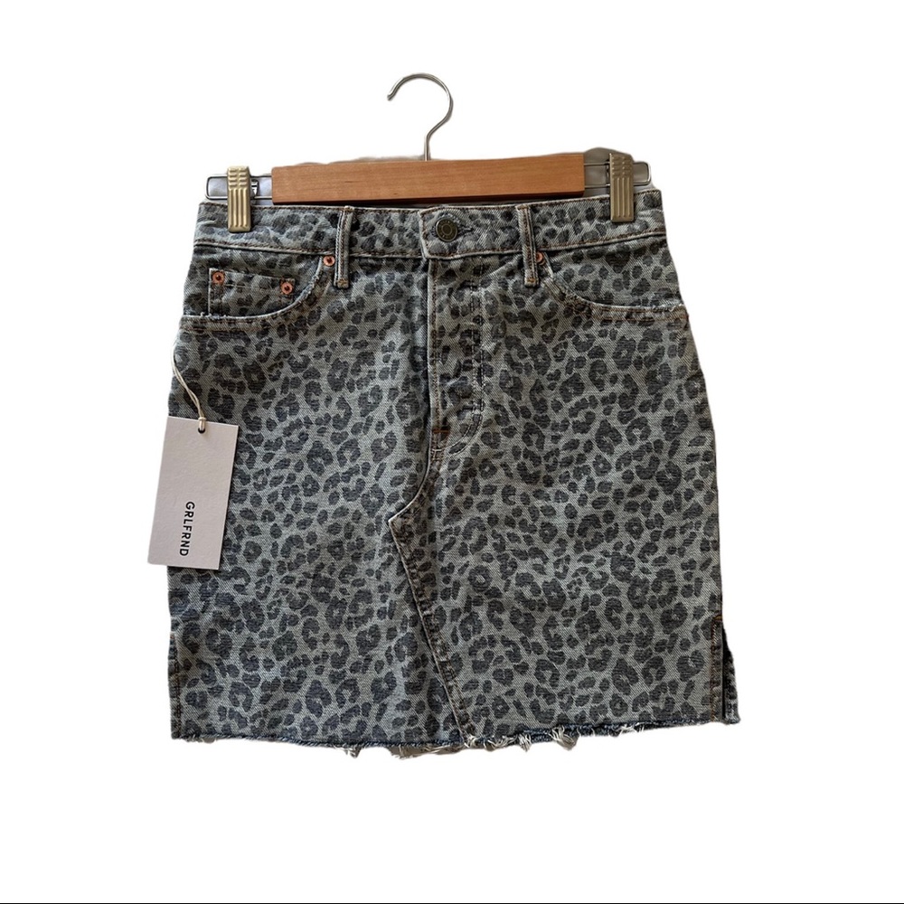 GRLFRND Blaire button fly leopard print denim skirt size 24